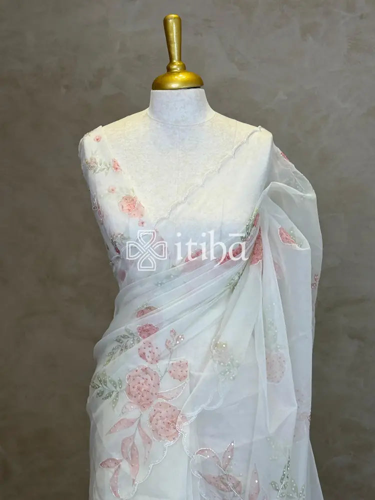 SILK ORGANZA FLORAL PRINTED EMBROIDERY SAREE