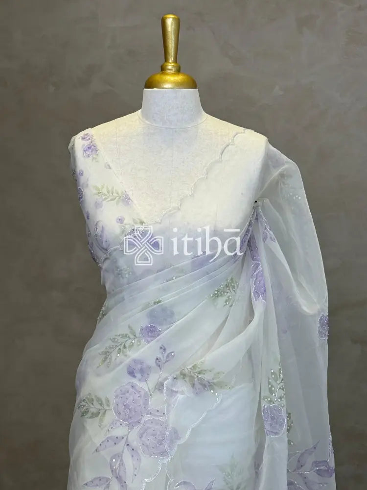 SILK ORGANZA FLORAL PRINTED EMBROIDERY SAREE