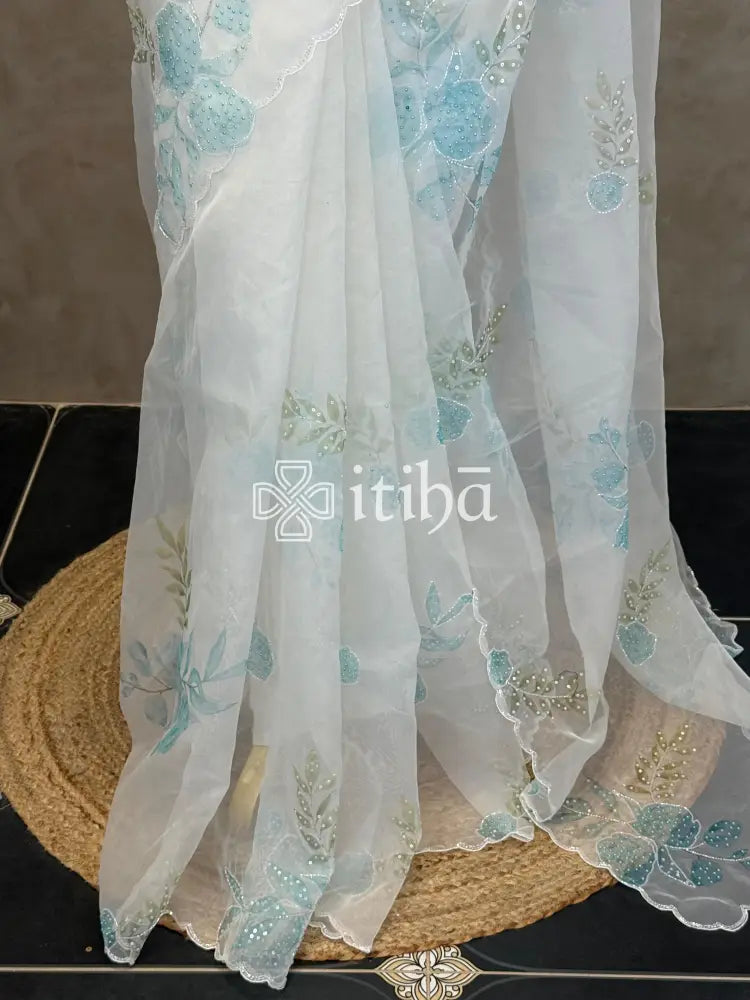 SILK ORGANZA FLORAL PRINTED EMBROIDERY SAREE