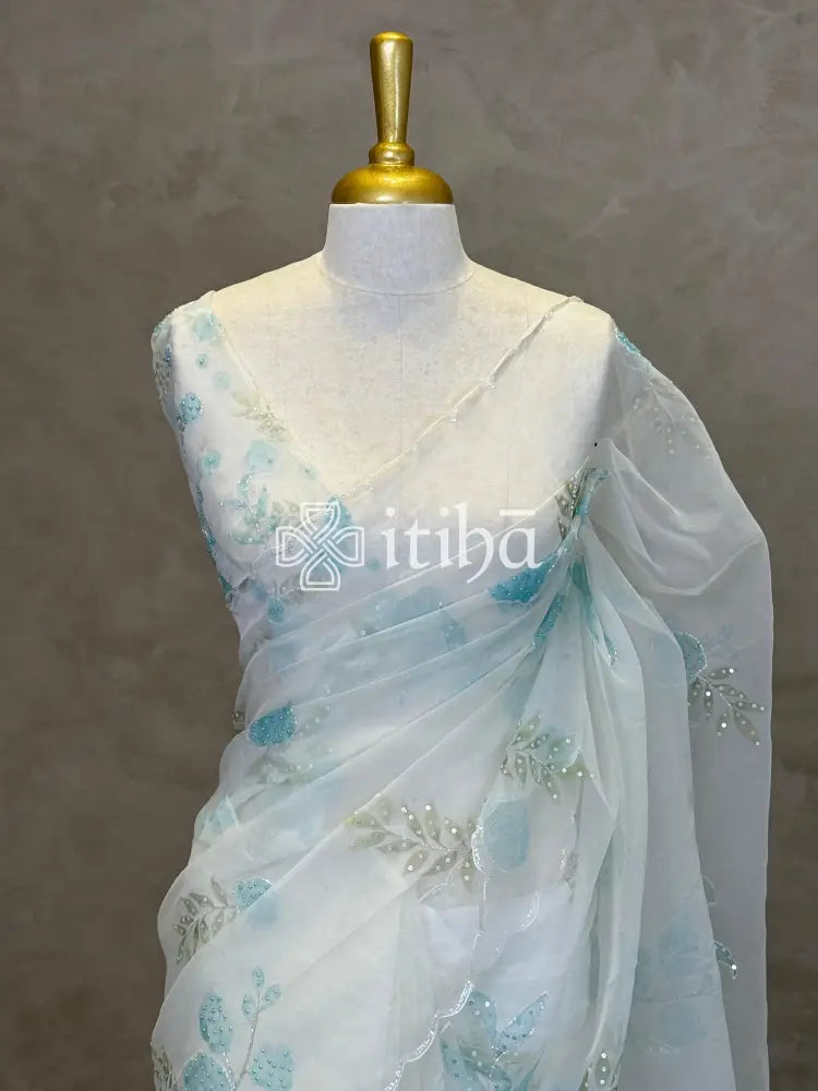 SILK ORGANZA FLORAL PRINTED EMBROIDERY SAREE