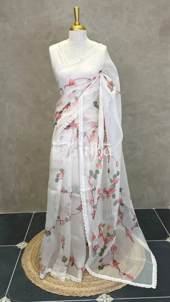 SILK ORGANZA FLORAL PRINTED EMBROIDERY SAREE