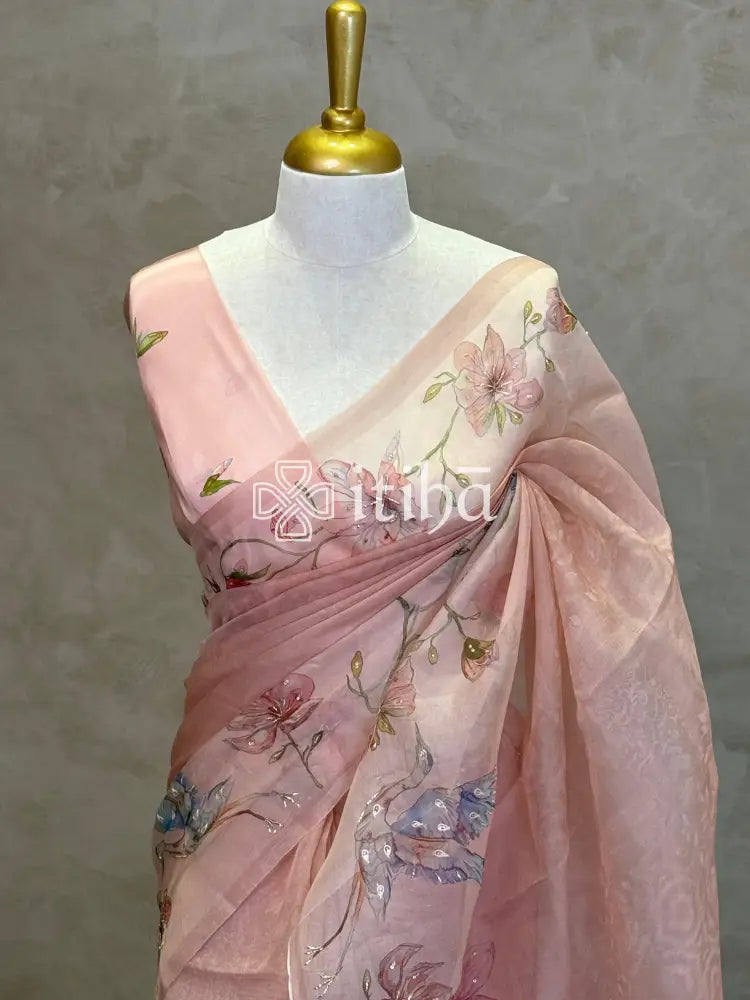 SILK ORGANZA FLORAL PRINTED EMBROIDERY SAREE