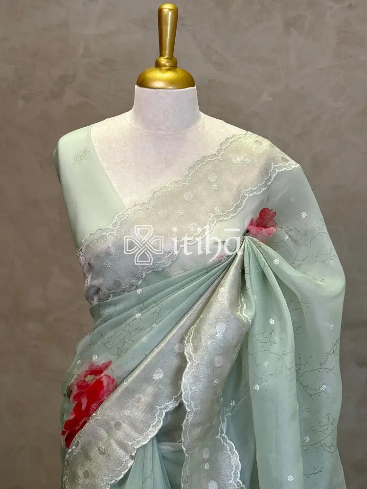 SILK ORGANZA FLORAL PRINTED EMBROIDERY SAREE