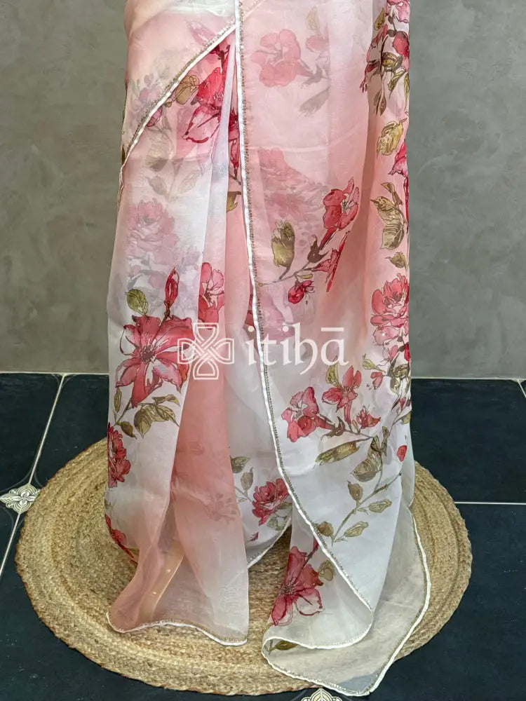 SILK ORGANZA FLORAL PRINTED EMBROIDERY SAREE