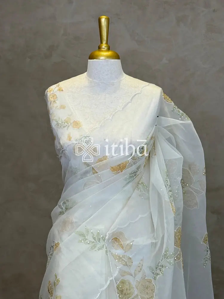 SILK ORGANZA FLORAL PRINTED EMBROIDERY SAREE