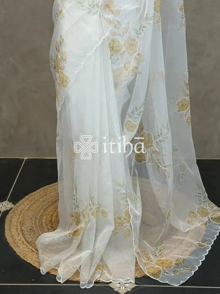 SILK ORGANZA FLORAL PRINTED EMBROIDERY SAREE