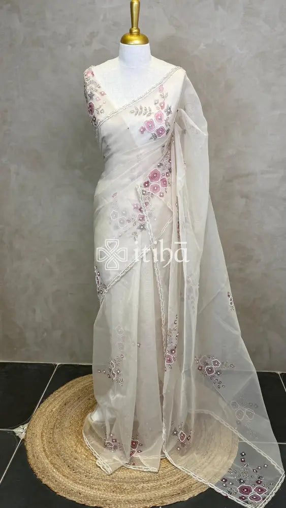 SILK ORGANZA FLORAL PRINTED EMBROIDERY SAREE