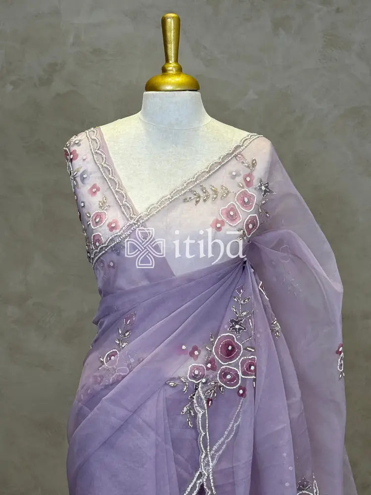 SILK ORGANZA FLORAL PRINTED EMBROIDERY SAREE