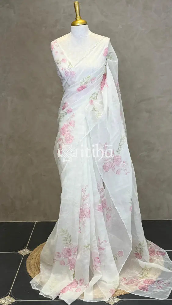 SILK ORGANZA FLORAL PRINTED EMBROIDERY SAREE - BLUSH PINK
