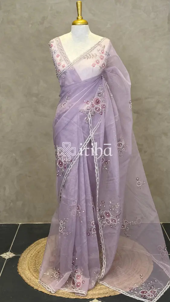 SILK ORGANZA FLORAL PRINTED EMBROIDERY SAREE - DUSTY LILAC