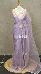 SILK ORGANZA FLORAL PRINTED EMBROIDERY SAREE - DUSTY LILAC