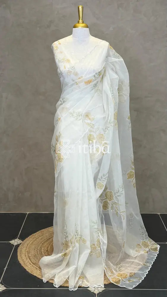SILK ORGANZA FLORAL PRINTED EMBROIDERY SAREE - GOLDEN YELLOW