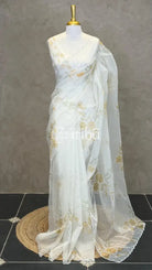 SILK ORGANZA FLORAL PRINTED EMBROIDERY SAREE - GOLDEN YELLOW