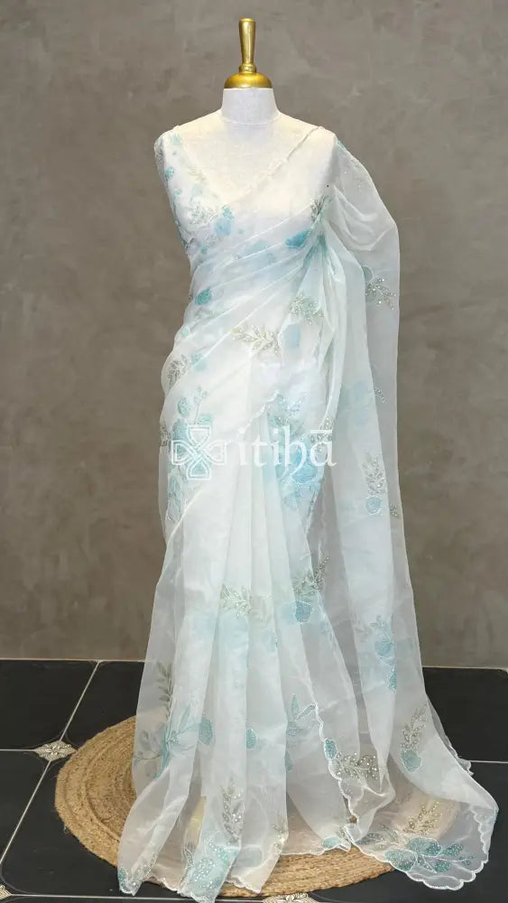 SILK ORGANZA FLORAL PRINTED EMBROIDERY SAREE - LIGHT BLUE