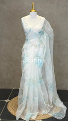 SILK ORGANZA FLORAL PRINTED EMBROIDERY SAREE - LIGHT BLUE