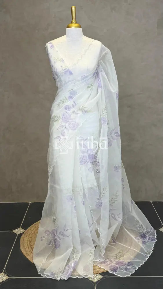 SILK ORGANZA FLORAL PRINTED EMBROIDERY SAREE - LILAC