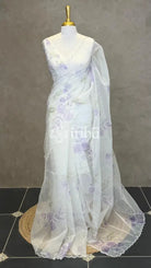 SILK ORGANZA FLORAL PRINTED EMBROIDERY SAREE - LILAC