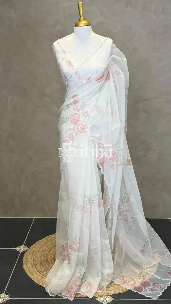 SILK ORGANZA FLORAL PRINTED EMBROIDERY SAREE - PASTEL PEACH