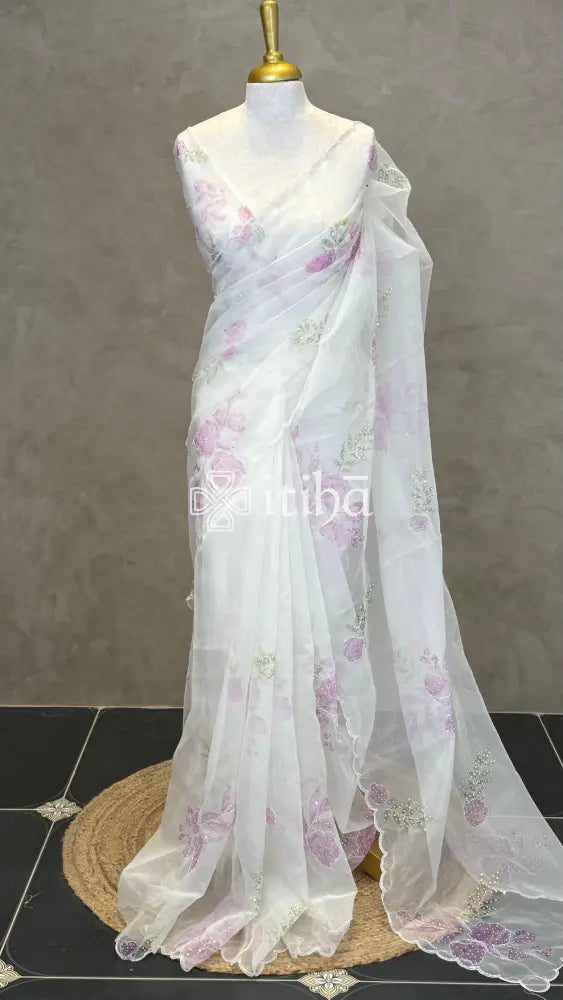 SILK ORGANZA FLORAL PRINTED EMBROIDERY SAREE - PINK