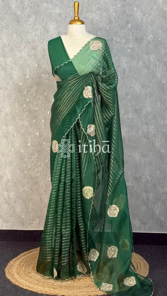 SILK ORGANZA GOTA WORK EMBROIDERY SAREE - Green