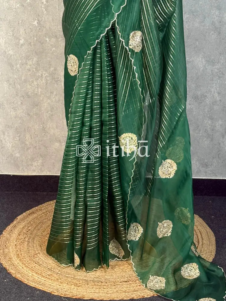 SILK ORGANZA GOTA WORK EMBROIDERY SAREE - Green