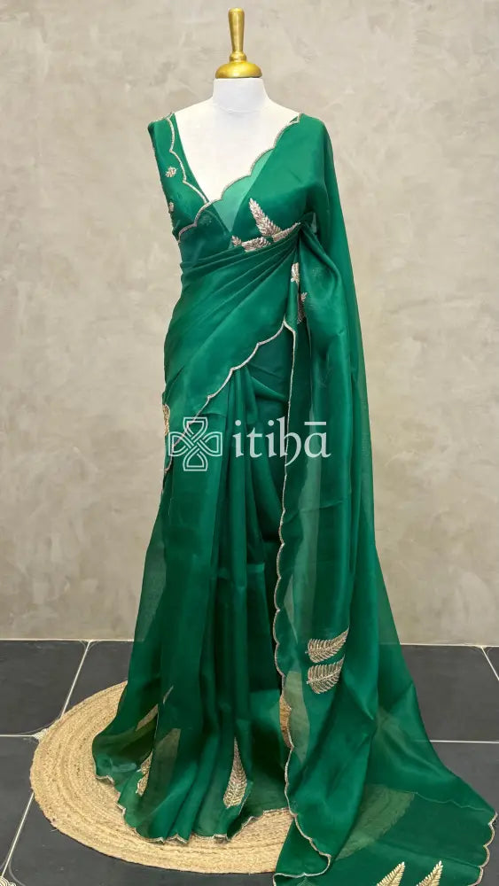 SILK ORGANZA HAND EMBROIDERY SAREE - Green