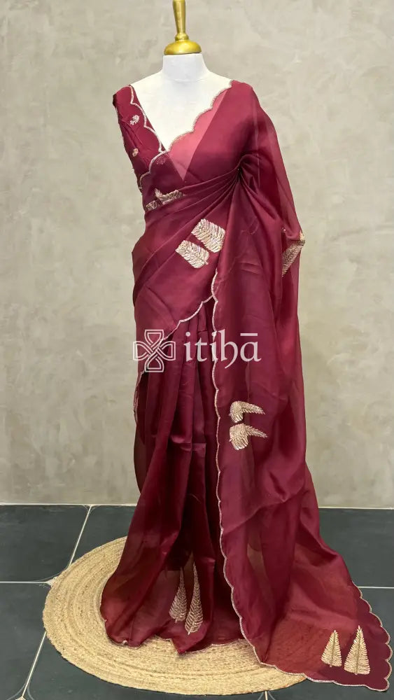 SILK ORGANZA HAND EMBROIDERY SAREE - MAROON