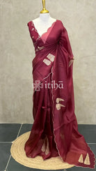 SILK ORGANZA HAND EMBROIDERY SAREE - MAROON