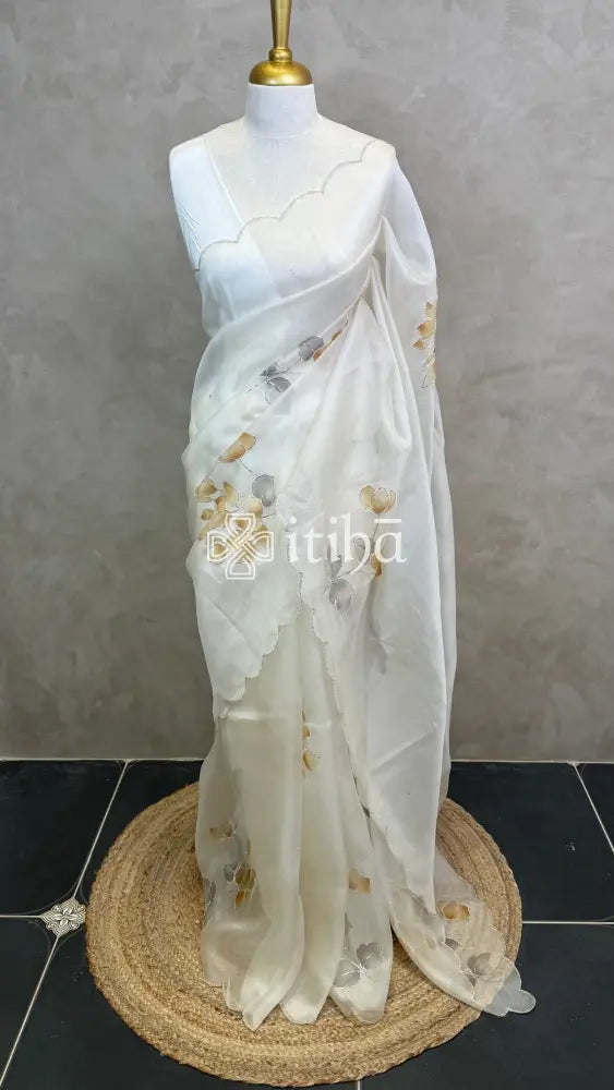 SILK ORGANZA HAND PAINTED EMBROIDERY SAREE