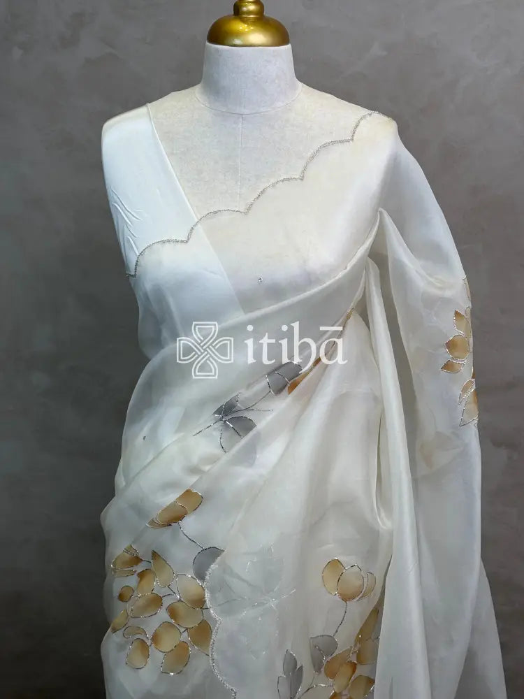 SILK ORGANZA HAND PAINTED EMBROIDERY SAREE