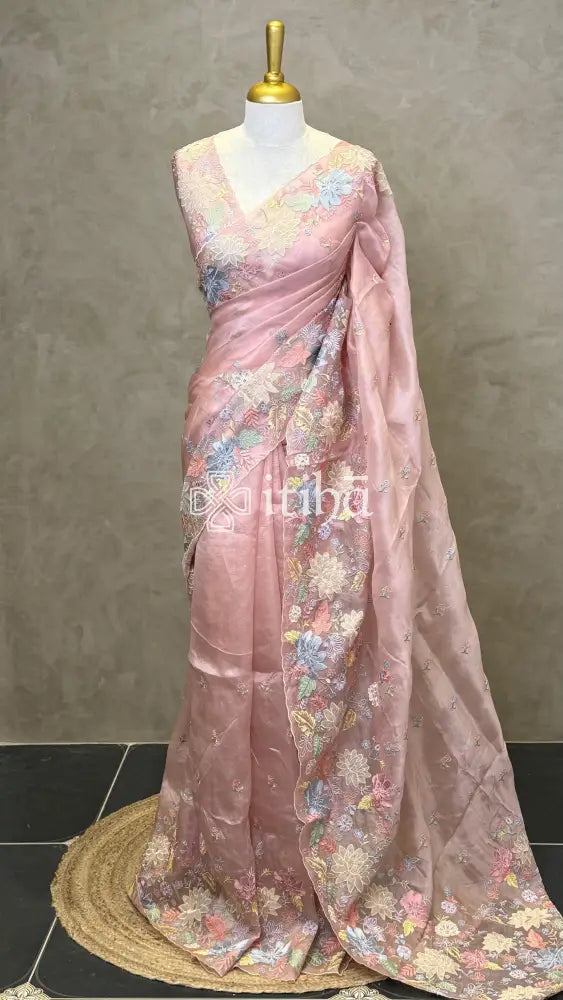 SILK ORGANZA MULTI COLOUR APPLIQUE EMBROIDERY SAREE