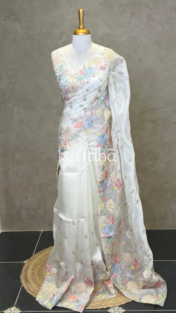 SILK ORGANZA MULTI COLOUR APPLIQUE EMBROIDERY SAREE