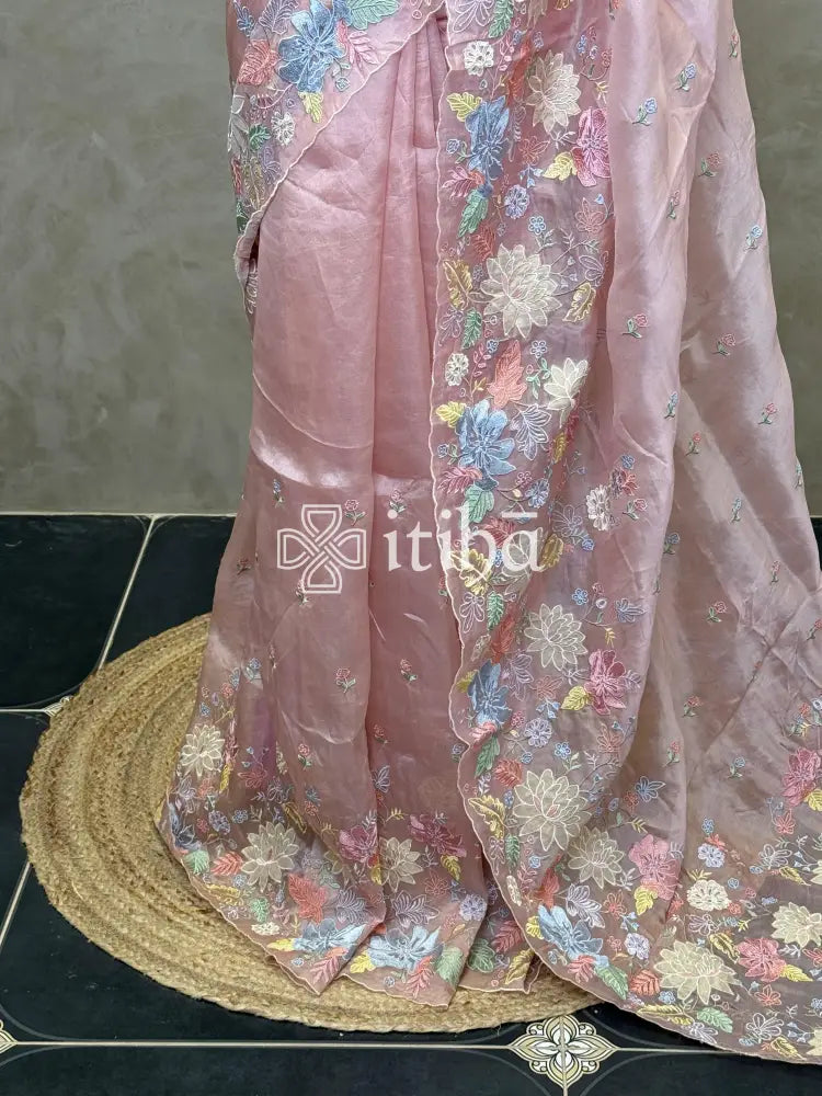 SILK ORGANZA MULTI COLOUR APPLIQUE EMBROIDERY SAREE
