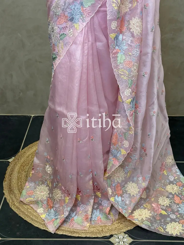 SILK ORGANZA MULTI COLOUR APPLIQUE EMBROIDERY SAREE