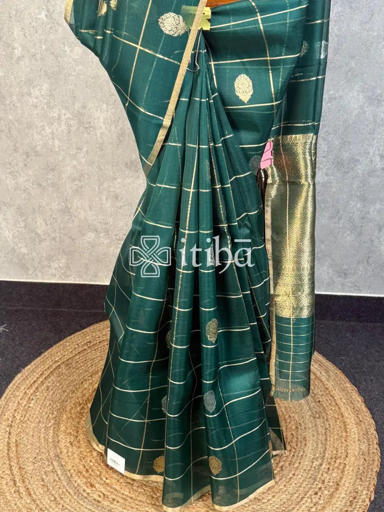 SILK ORGANZA SAREE - FOREST GREEN