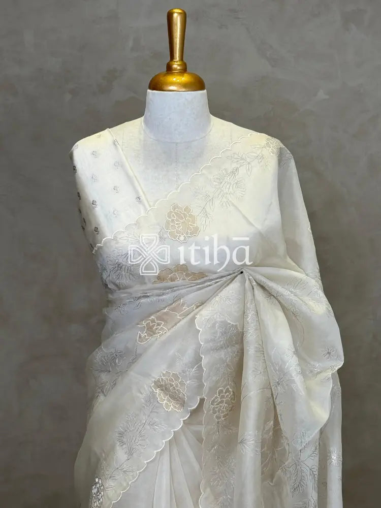 SILK ORGANZA TISSUE APPLIQUE EMBROIDERY SAREE