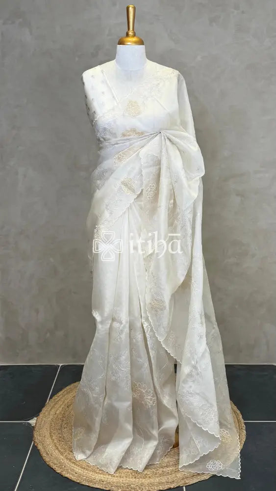 SILK ORGANZA TISSUE APPLIQUE EMBROIDERY SAREE