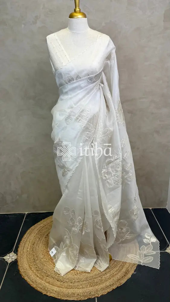 SILK ORGANZA TISSUE APPLIQUE EMBROIDERY SAREE