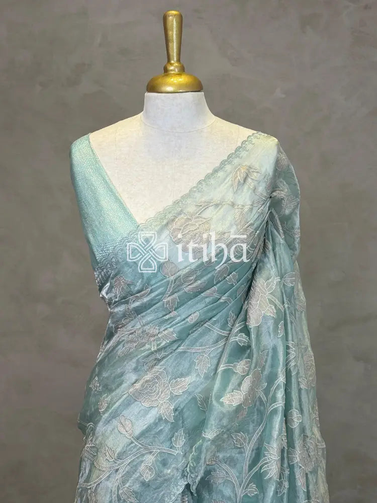 SILK ORGANZA TISSUE APPLIQUE EMBROIDERY SAREE
