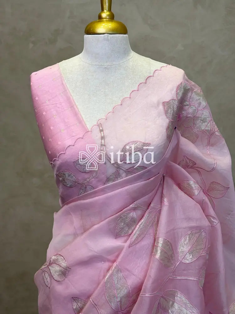 SILK ORGANZA TISSUE APPLIQUE EMBROIDERY SAREE