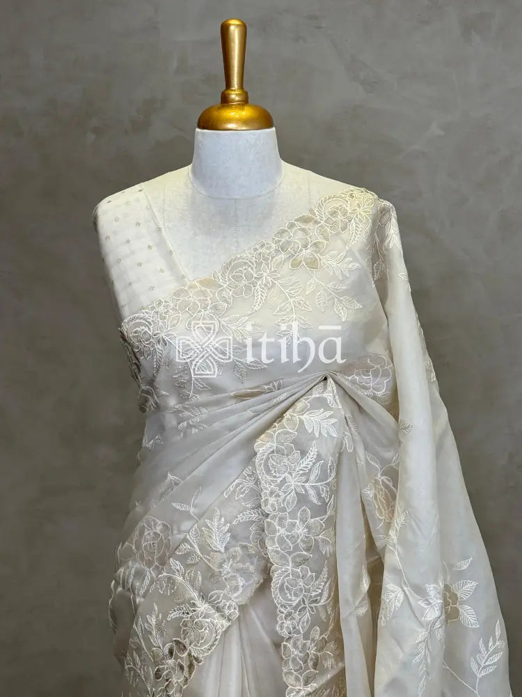 SILK ORGANZA TISSUE APPLIQUE EMBROIDERY SAREE