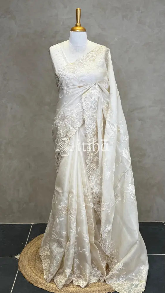 SILK ORGANZA TISSUE APPLIQUE EMBROIDERY SAREE