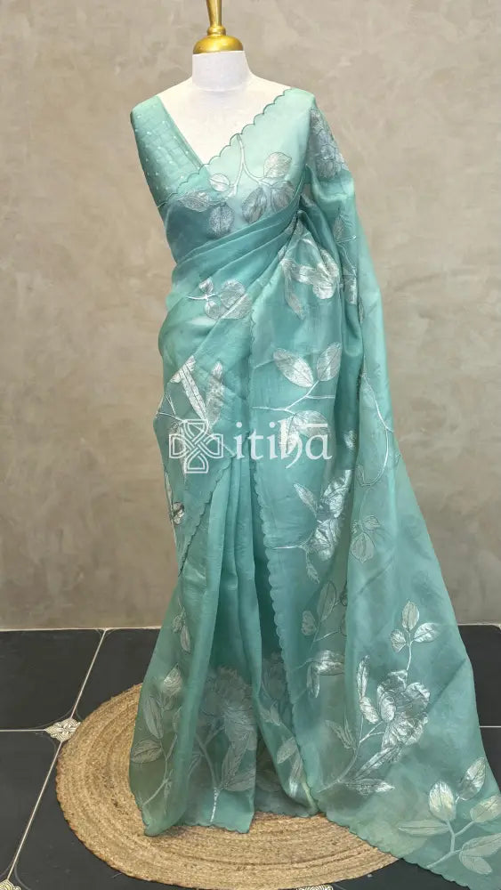 SILK ORGANZA TISSUE APPLIQUE EMBROIDERY SAREE - AQUA GREEN