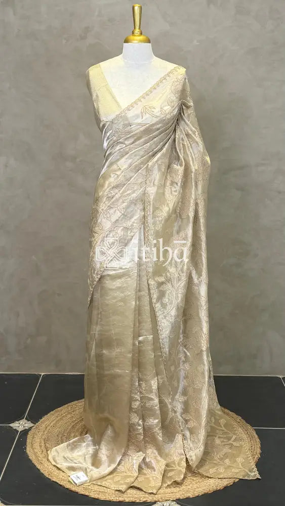 SILK ORGANZA TISSUE APPLIQUE EMBROIDERY SAREE - Beige