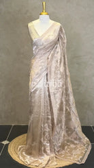 SILK ORGANZA TISSUE APPLIQUE EMBROIDERY SAREE - CHAMPAGNE BEIGE