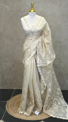SILK ORGANZA TISSUE APPLIQUE EMBROIDERY SAREE - LIGHT BEIGE