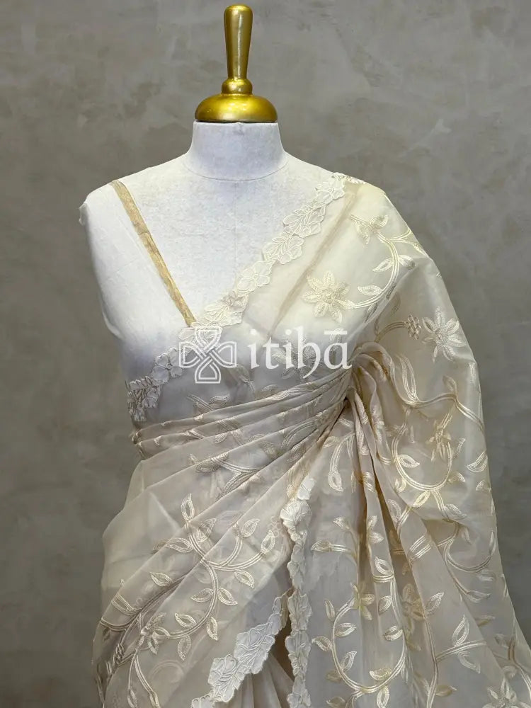 SILK ORGANZA TISSUE APPLIQUE EMBROIDERY SAREE - LIGHT BEIGE