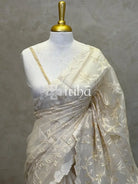 SILK ORGANZA TISSUE APPLIQUE EMBROIDERY SAREE - LIGHT BEIGE