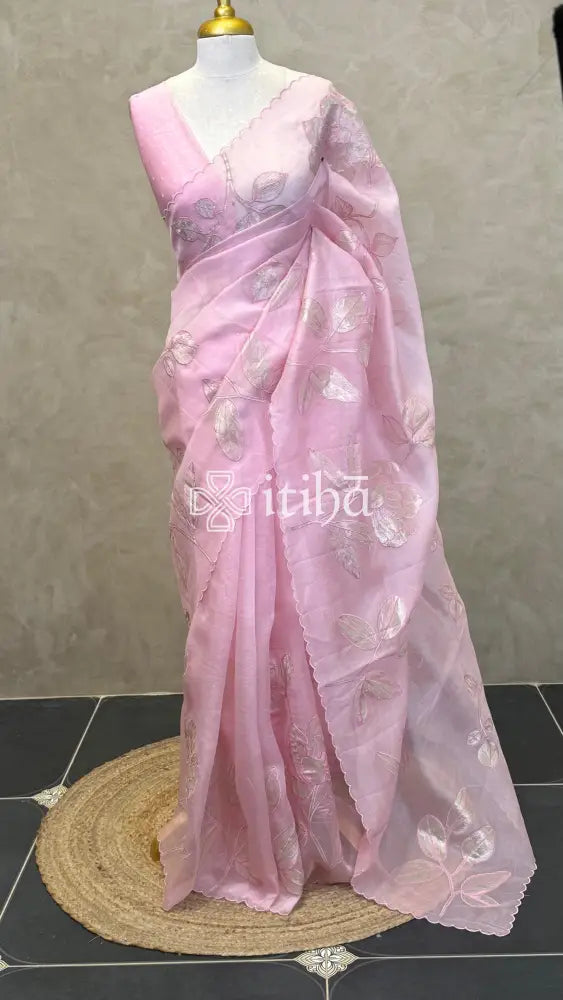 SILK ORGANZA TISSUE APPLIQUE EMBROIDERY SAREE - LIGHT PINK