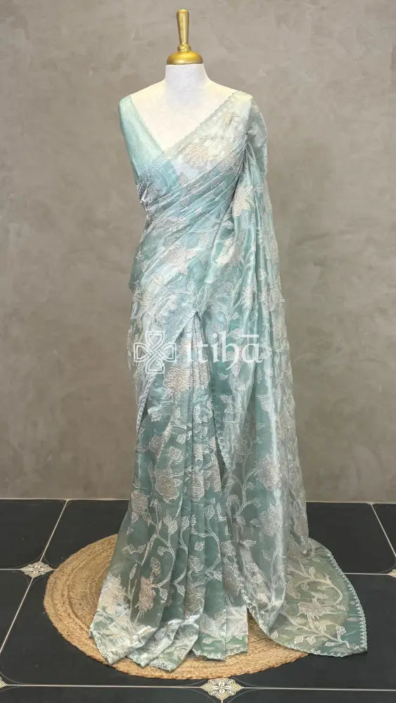 SILK ORGANZA TISSUE APPLIQUE EMBROIDERY SAREE - PASTEL BLUE